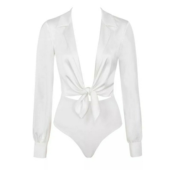 Last M• Front Tie Long Sleeve Bodysuit | White - Picture 7 of 8